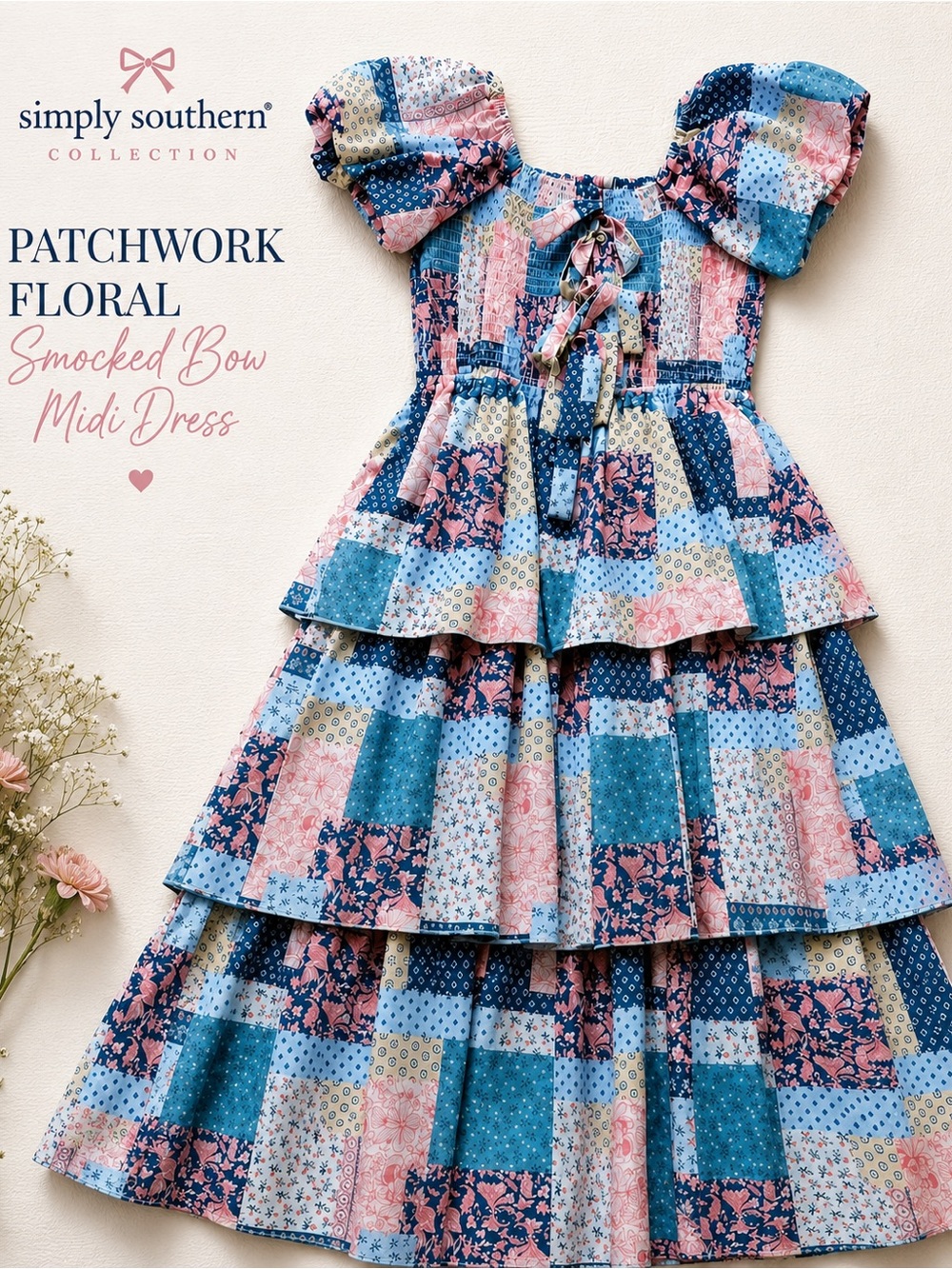 Simply Southern Patchwork Floral Smocked Bow Midi Dress NWT S